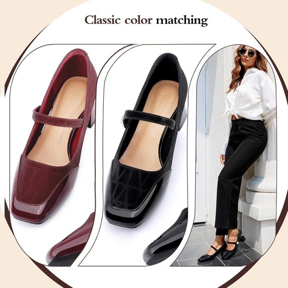 Women's Black  Square Toe Mary Jane Comfortable Closed Toe Chunky Block Heels - Picture 5 of 8